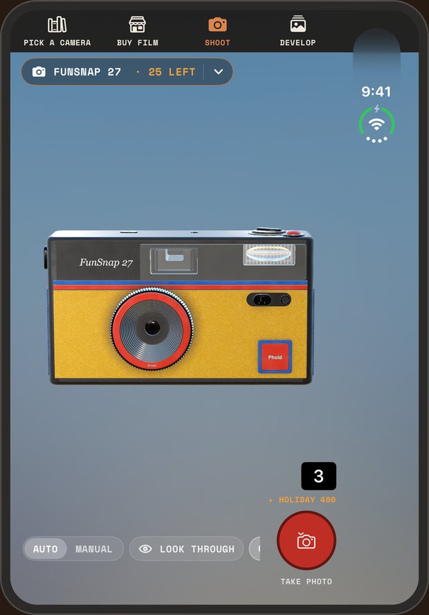 The FunSnap 27 on the Shoot screen, seen from the front: a yellow disposable camera with a red-ringed lens and a flash window