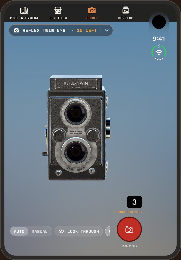 Phold on an iPhone: the Shoot screen with the Reflex Twin 6×6 seen from the front, its two round lenses stacked one above the other, and a red Take Photo button